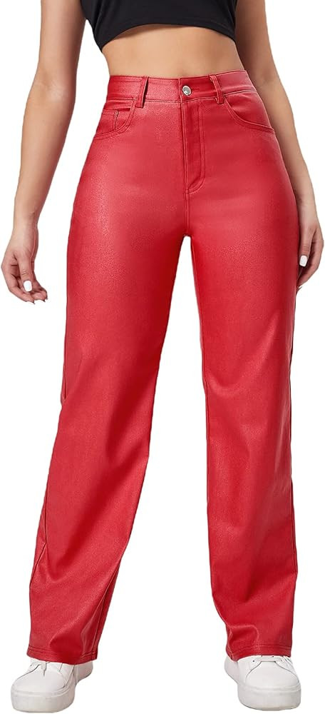Verdusa Women's High Waist Leather Leggings Pocket Straight Wide Leg PU Pants | Amazon (US)