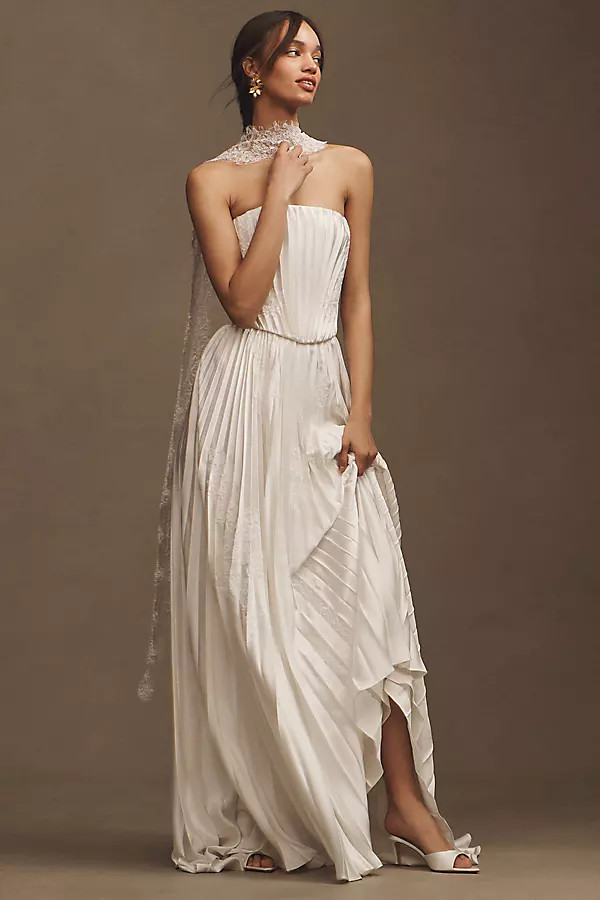 Watters Loen Plissé Charmeuse Satin A-Line Wedding Gown | Anthropologie (US)