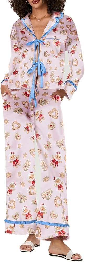 Faretumiya Women 2 Piece Christmas Pajamas Set Bow Tie Long Sleeve Button Shirts Wide Leg Pants C... | Amazon (US)