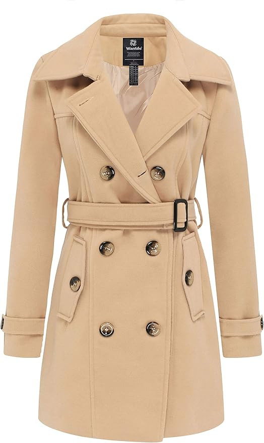 Wantdo Women's Double Breasted Pea Coat Winter Mid-Long Trench Coat with Belt | Amazon (US)