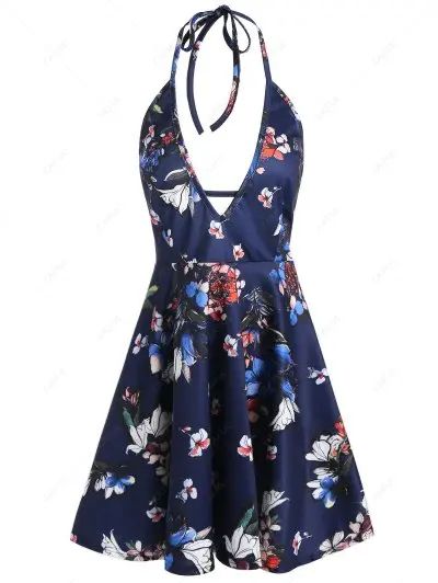 Backless Halter Plunging Neckline Floral Dress | ZAFUL (Global)