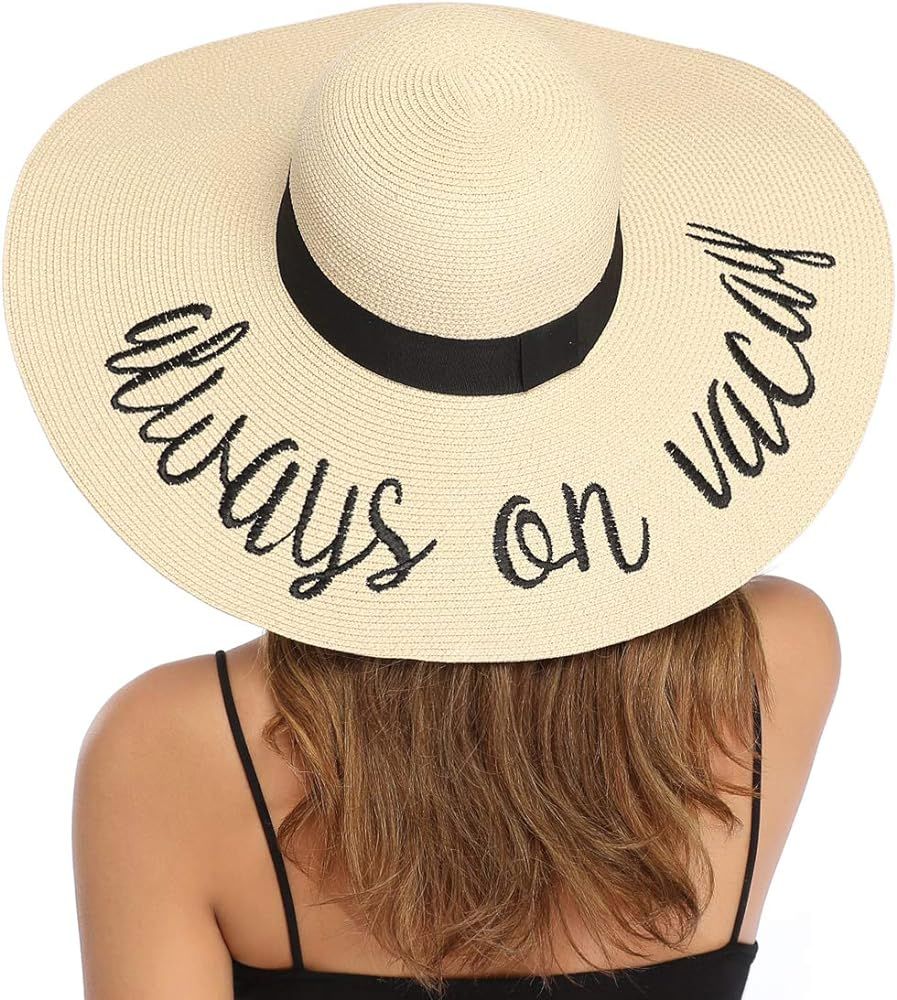 Womens 5.5 Inches Wide Brim Straw Hat Floppy Foldable Roll up Cap Beach Sun Hat UPF 50+ | Amazon (US)
