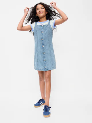 Sleeveless Fit and Flare Button-Front Jean Dress for Girls | Old Navy (US)