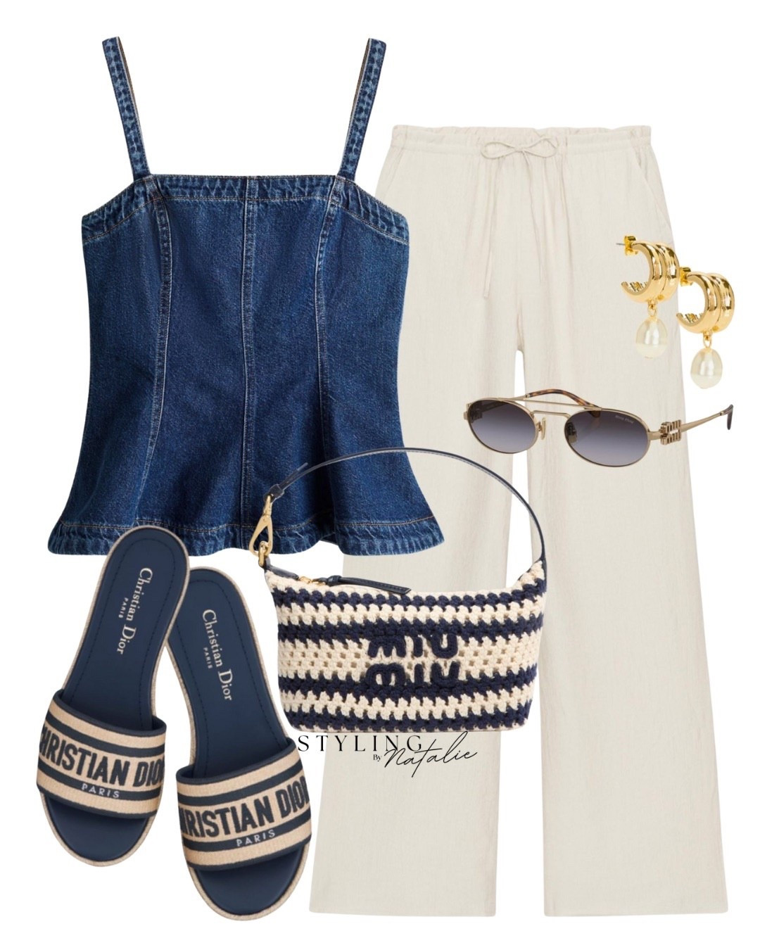 Denim peplum top, pull on drawstring trousers, Dior slides, Miu Miu crochet pouch bag, Miu Miu sunglasses & pearl earrings. Everyday summer outfit, comfy casual, effortless look 

#LTKstyletip #LTKmidsize #LTKsummer