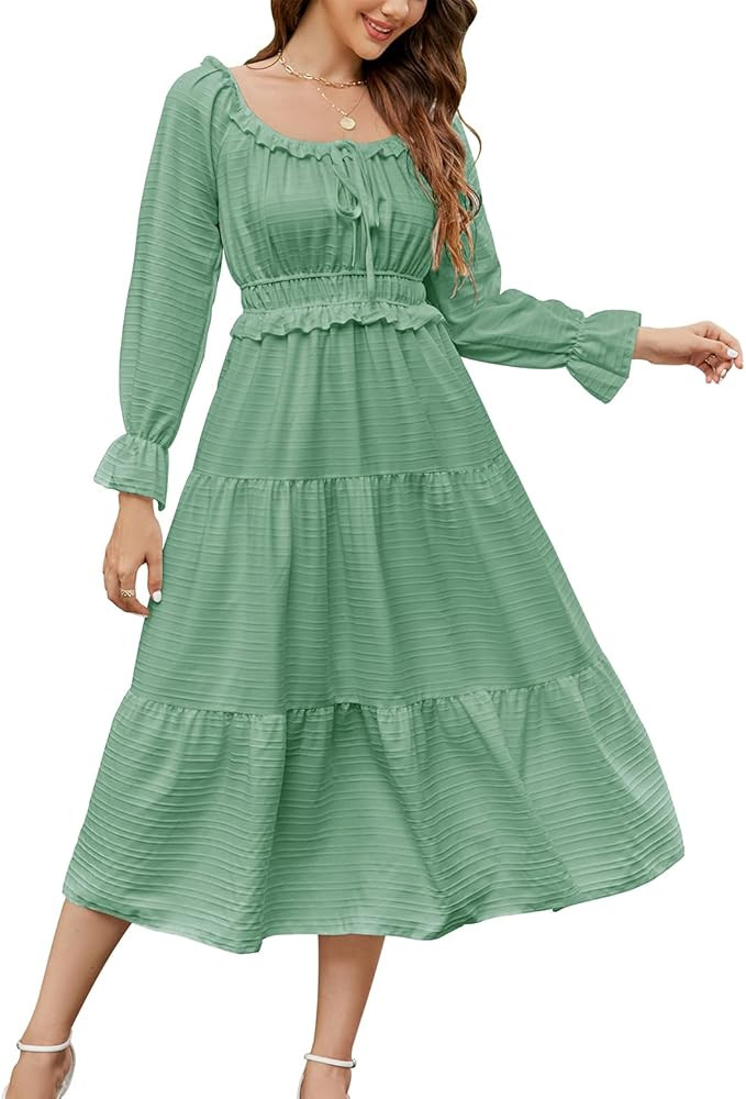 ANNA&CHRIS Women's Casual Long Puff Sleeve Flowy Dress Square Neck High Waist Ruffle Hem Tiered M... | Amazon (US)
