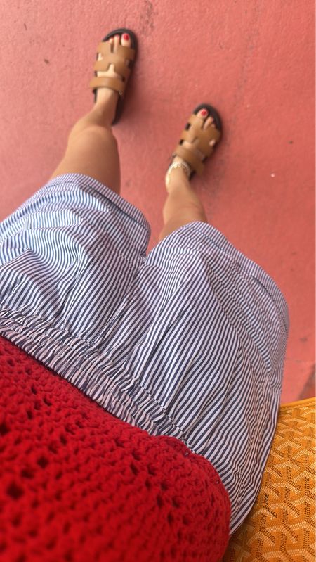 Blue striped shorts - summer sandals - red crochet top - summer outfit inspo - crochet top inspo - trendy brunch outfit 

#LTKSeasonal #LTKStyleTip