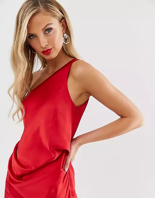 ASOS DESIGN satin one shoulder drape midi dress in red | ASOS (Global)