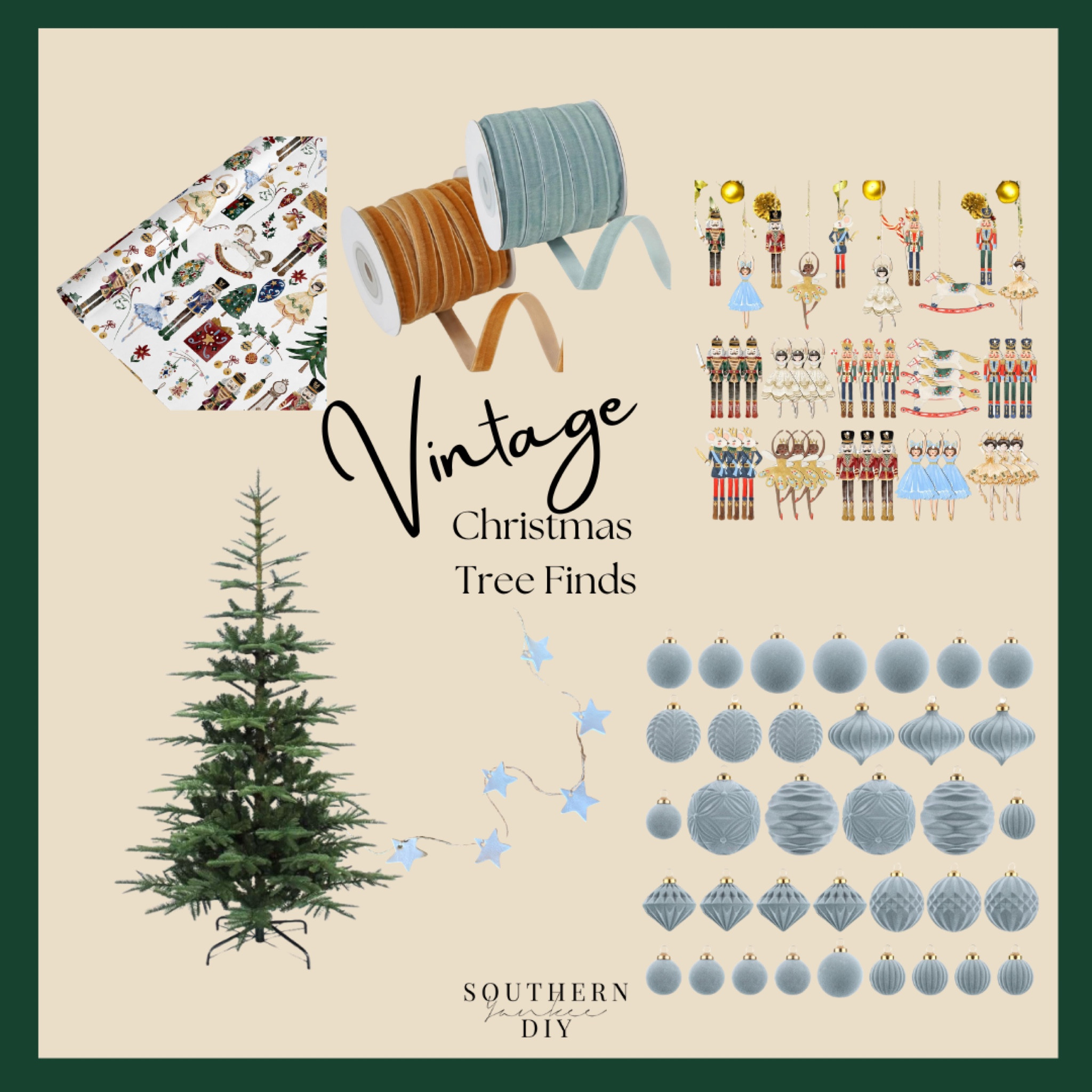 Vintage inspired Christmas tree, decorations, ribbon, ornaments, wrapping paper 

#LTKHome #LTKWatchNow #LTKHoliday