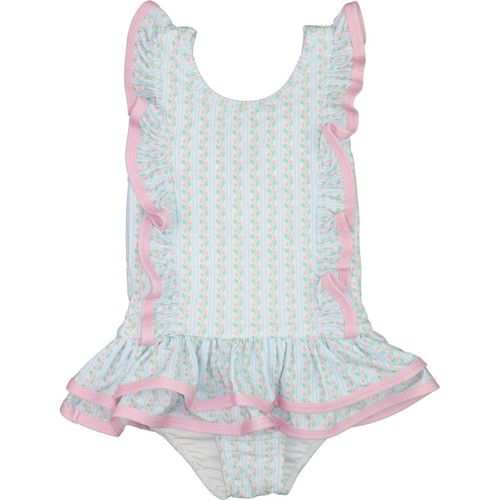 Pink And Green Vintage Floral Ruffle Swimsuit | Cecil and Lou