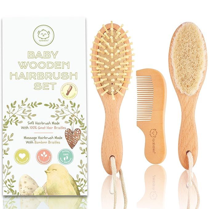 Baby Hair Brush and Comb Set for Newborn - Natural Wooden Hairbrush with Soft Goat Bristles for C... | Amazon (US)