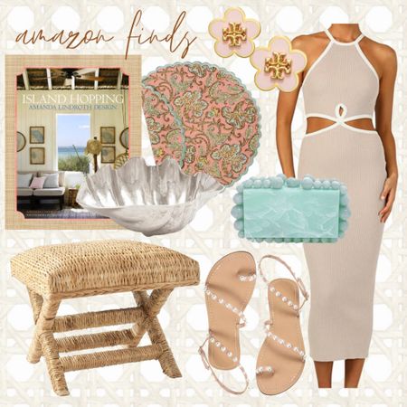 Spring Amazon finds. 

Amazon tan dress. Teal acrylic clutch. Amazon sandals. Pearl wrap sandals. Rattan home decor. Amazon coffee table books. Silver table wear. Amazon block print table cloth. Tory Burch pale pink earrings. Amazon must haves. Amazon finds. 

#LTKunder50 #LTKhome #LTKstyletip