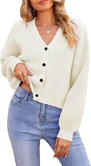 Pink Queen Women's 2025 Fall Button Down V Neck Batwing Long Sleeve Ribbed Knit Cropped Cardigan ... | Amazon (US)