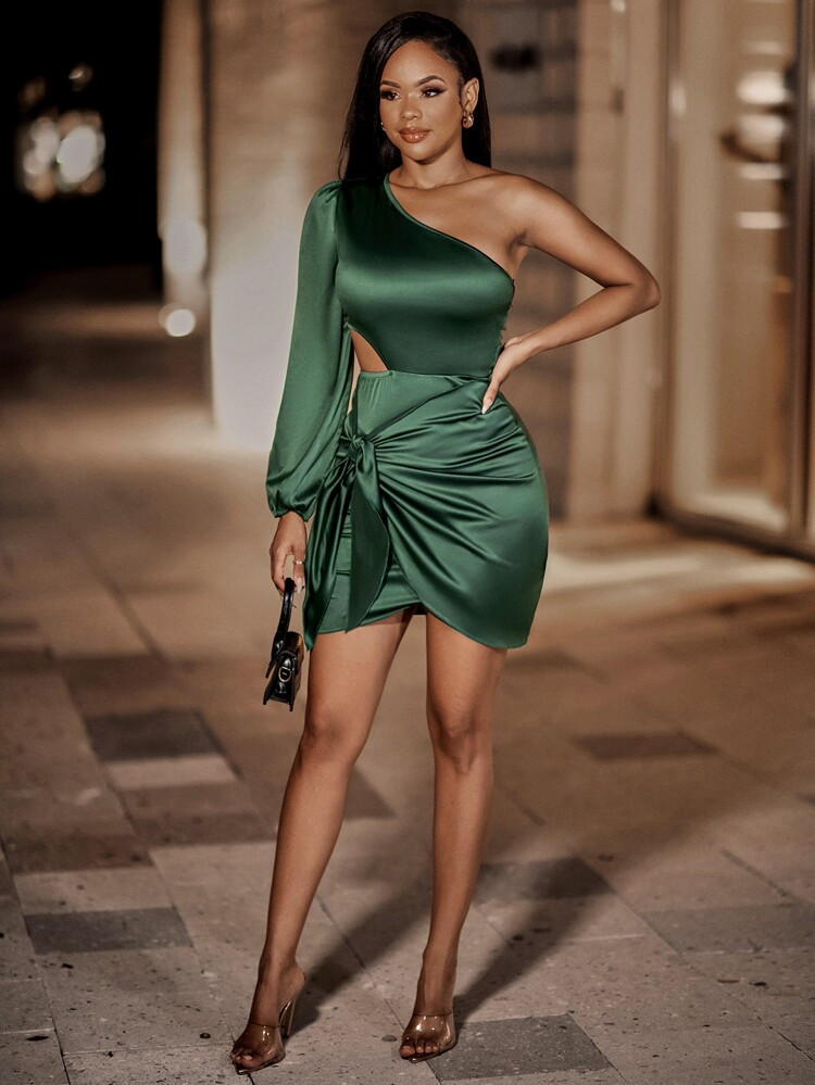 One Shoulder Cut Out Knot Front Satin Bodycon Dress | SHEIN