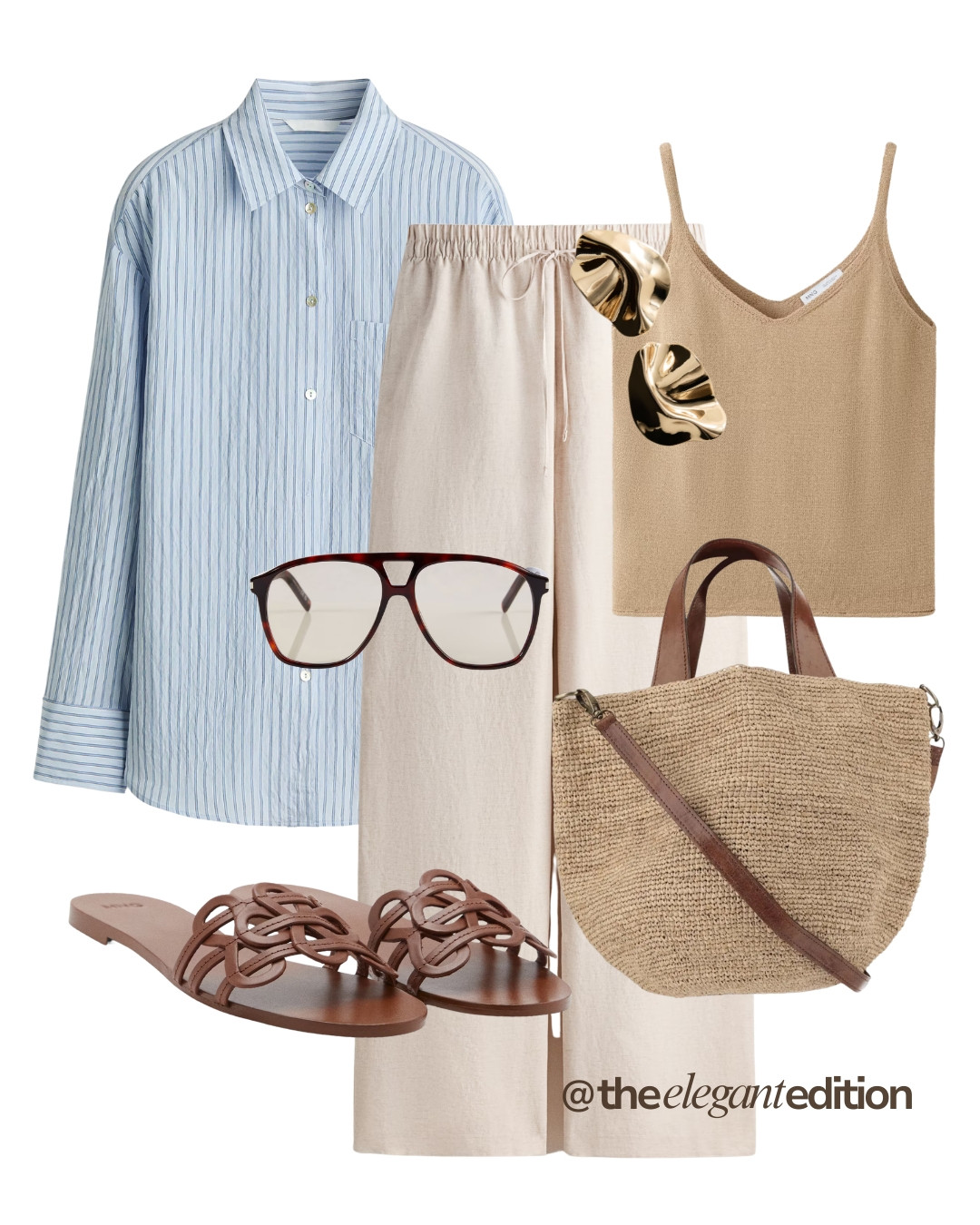 LINEN TROUSER LOOK - A relaxed blue striped shirt layered over a camel knit cami, linen drawstring trousers and woven sandals, perfect for everyday or holiday 

#shirt #linentrousers #sandals #LTKspring #LTKsummer #LTKstyletip 

 #LTKsummer #LTKstyletip #LTKspring
