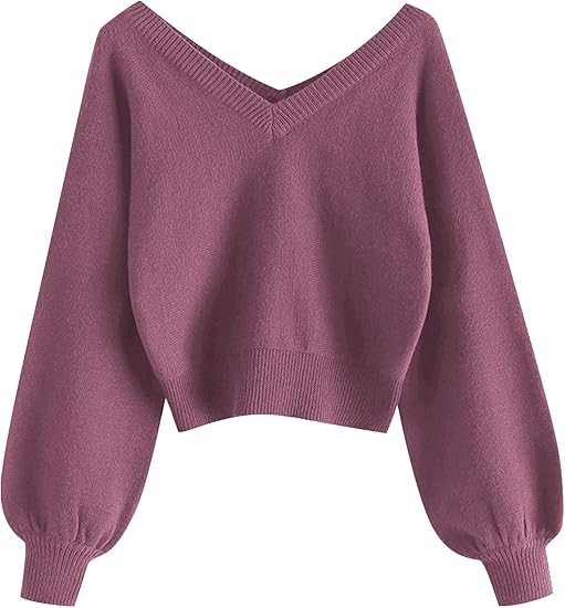 ZAFUL Women's Cropped Sweater V-Neck Long Sleeve Crop Sweater Pullover Jumper Knit Top | Amazon (US)