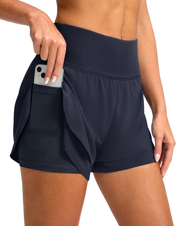 SANTINY Women's 2 in 1 Running Shorts with Pockets 3" High Waisted Exercise Workout Athletic Shor... | Amazon (US)