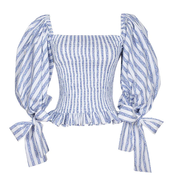 Nora Top, White x Blue Toile Stripe | The Avenue