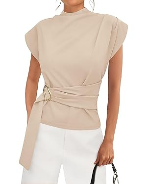 PRETTYGARDEN Women Blouses Spring Dressy Cap Sleeve Mock Neck Work Shirts Buckle Tunic Summer Bus... | Amazon (US)