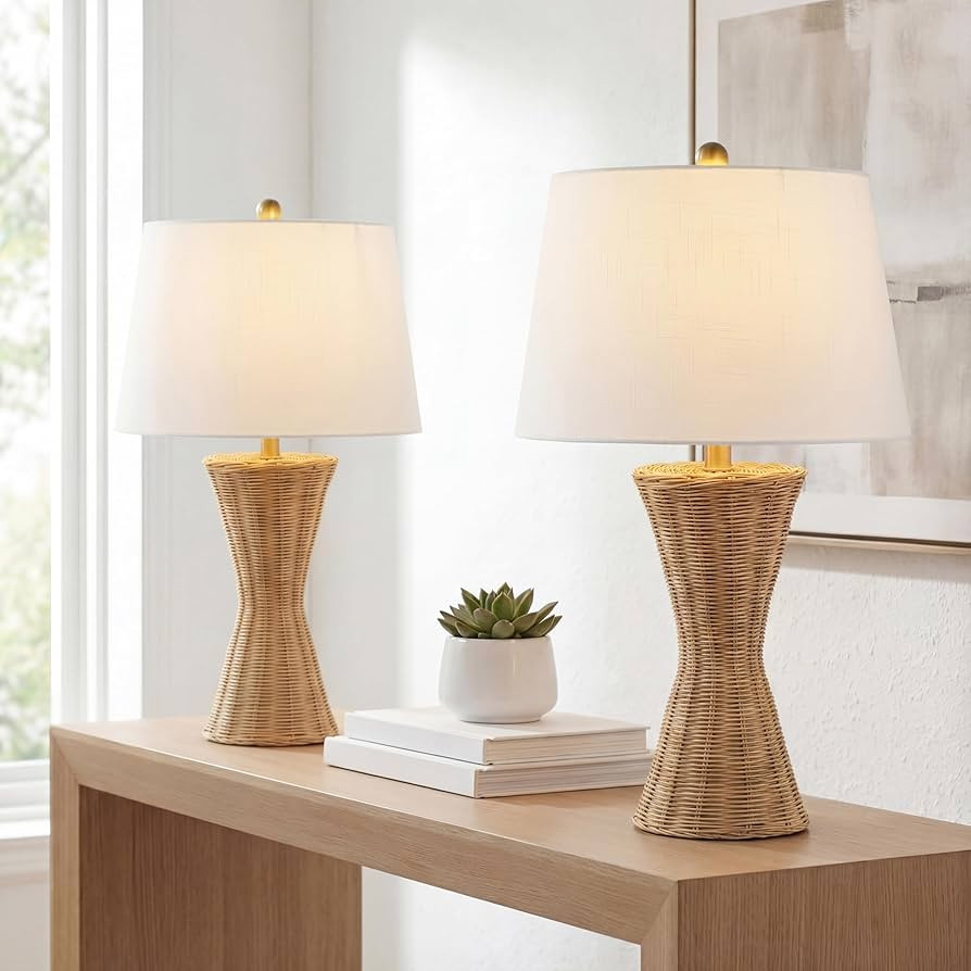 JONATHAN Y 27" Natural Woven Rattan Table Lamp Set of 2 for Bedroom, Coastal Bohemian Iron Wicker... | Amazon (US)