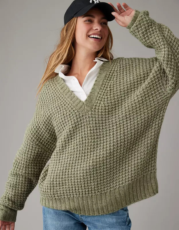 AE Whoa So Cozy Waffle V-Neck Sweater | American Eagle Outfitters (US & CA)