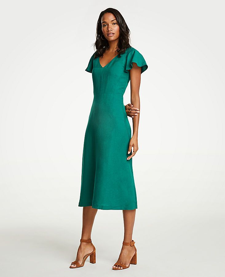 Flutter Sleeve Linen Blend Midi Dress | Ann Taylor (US)