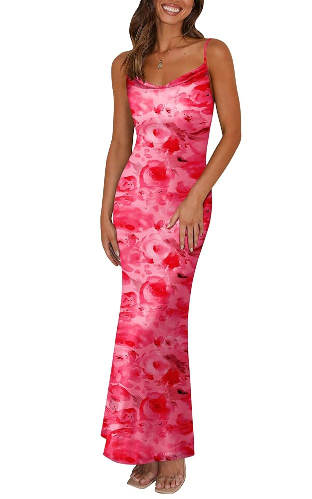 PRETTYGARDEN Women's 2025 Summer Floral Spaghetti Strap Maxi Dress Stretch Sexy Bodycon Dress Bac... | Amazon (US)