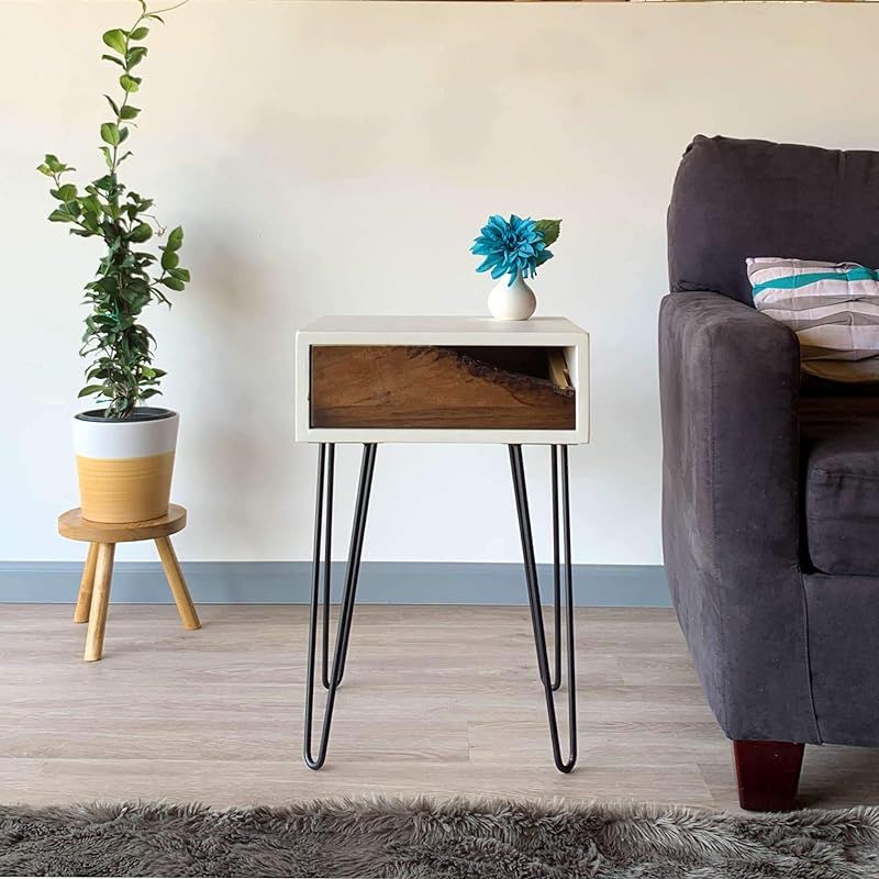 Live Edge Wood Nightstand Hairpin Legs by CW Furniture Custom Reclaimed Rustic Modern White Drawe... | Amazon (US)