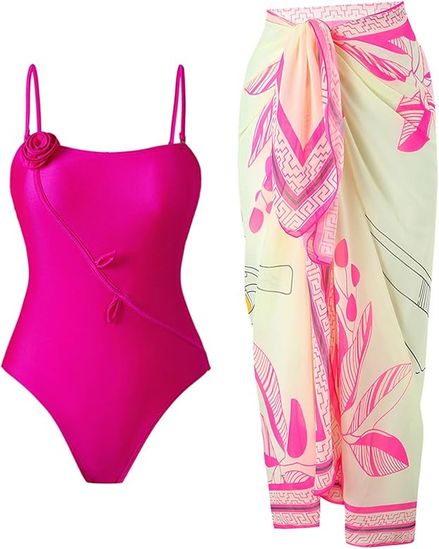 One Piece Swimsuit Women with Cover Up Set Retro Bathing Suit for Women Tummy Control Beach Wrap ... | Amazon (US)