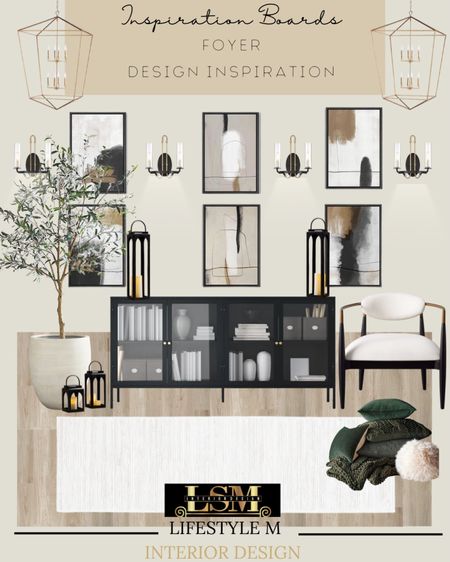 Foyer design inspiration. Wall gallery look. Shop below. Wall art, black console table, foyer runner, planters, faux tree, accent chair, table lanterns, wall sconce light, brass pendant light, green throw pillows and blankets.

#LTKstyletip #LTKSeasonal #LTKhome