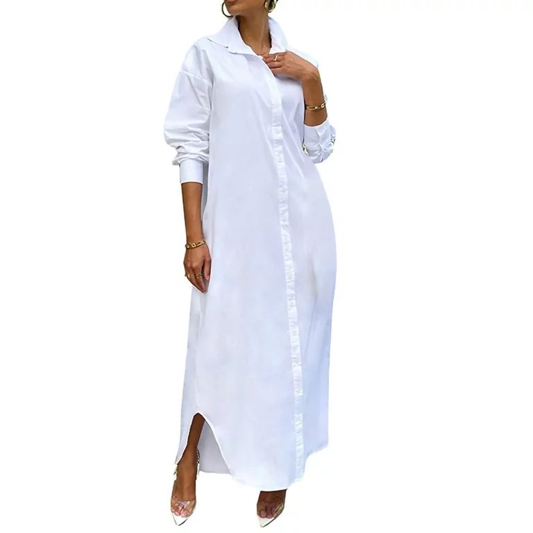 Women Casual Button Down Blouse Shirt Dress Oversized Loose Long Sleeve Lapel Collar Side Split L... | Walmart (US)