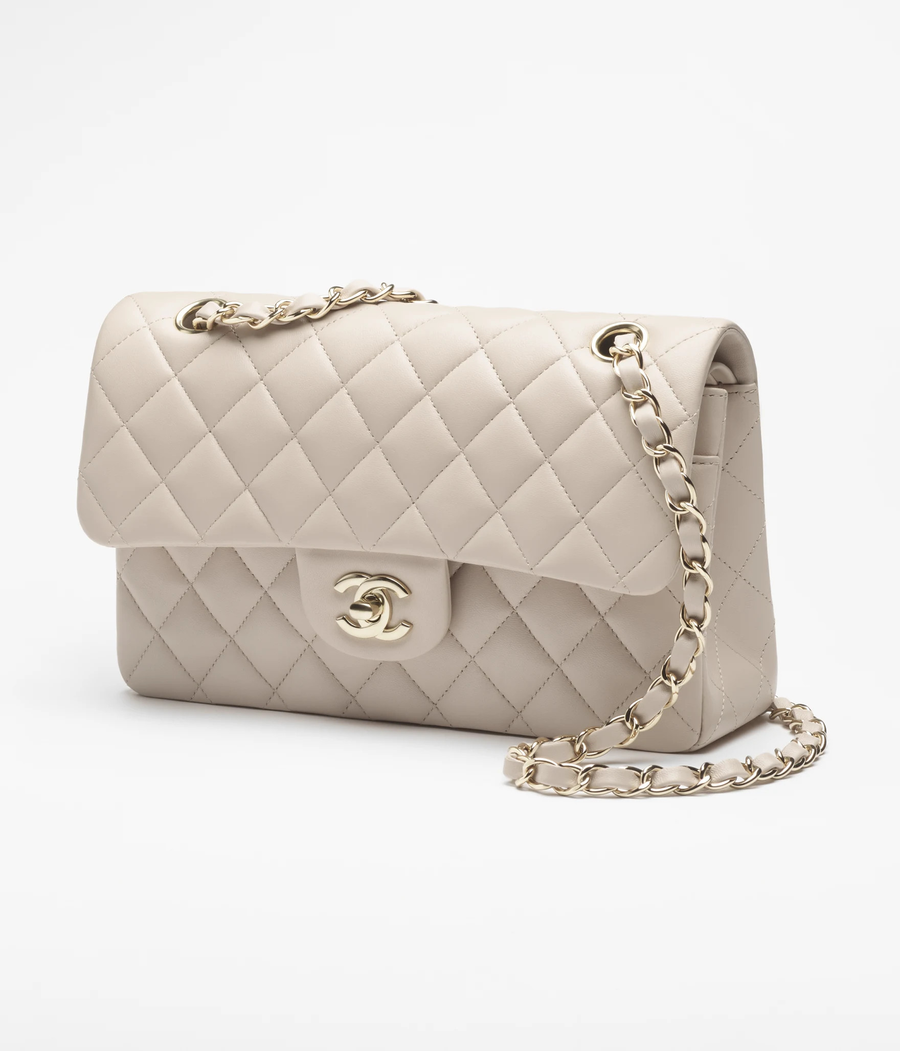 Small classic handbag, Lambskin & gold-tone metal, light beige — Fashion | CHANEL | Chanel, Inc. (US)