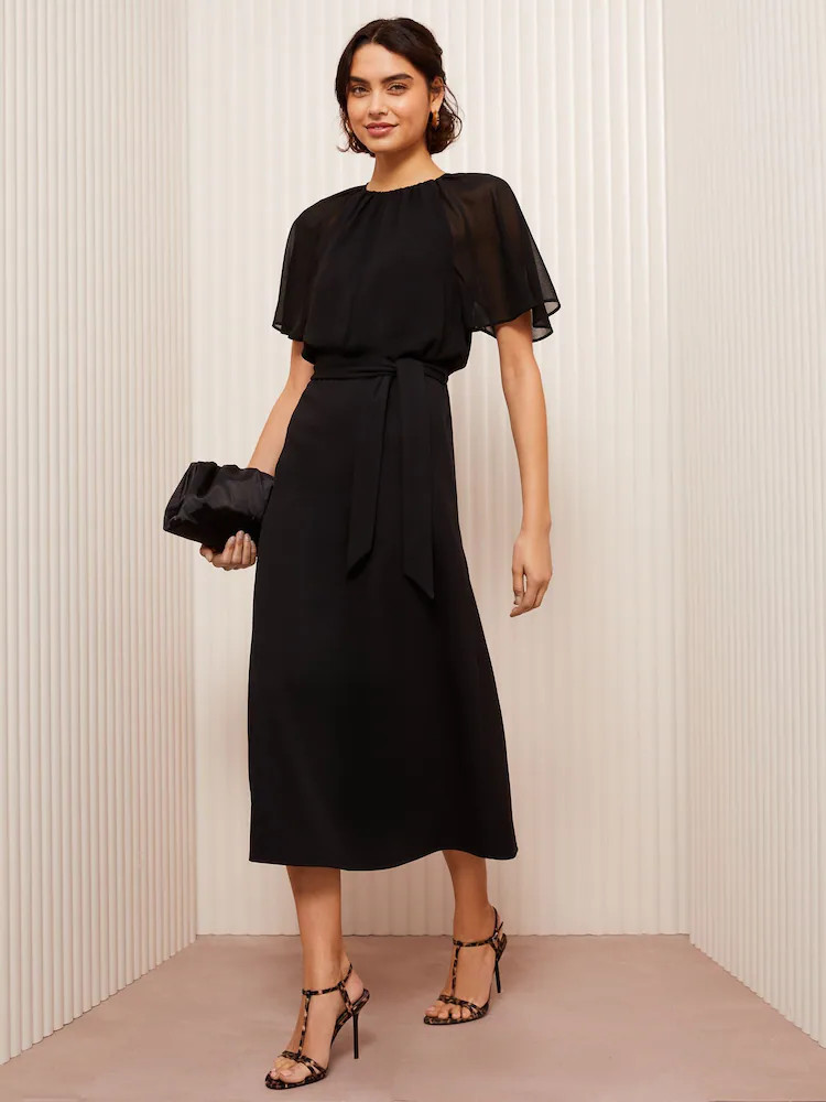 Friends Like These Black Petite Jersey Chiffon Flutter Sleeve Midi Dress | Next US
