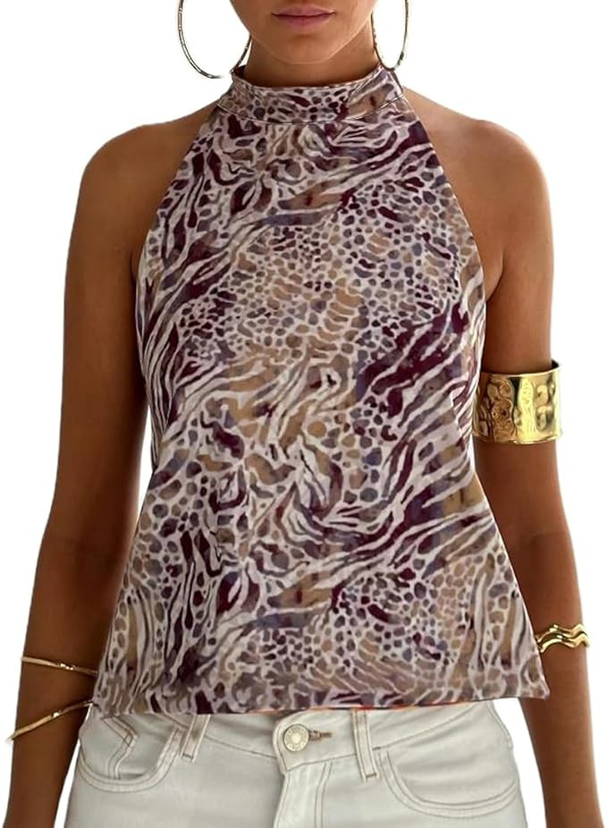 Open Back High Neck Tank Tops for Women Halter Mockneck Sleeveless Backless Floral Crop Top Y2k S... | Amazon (US)