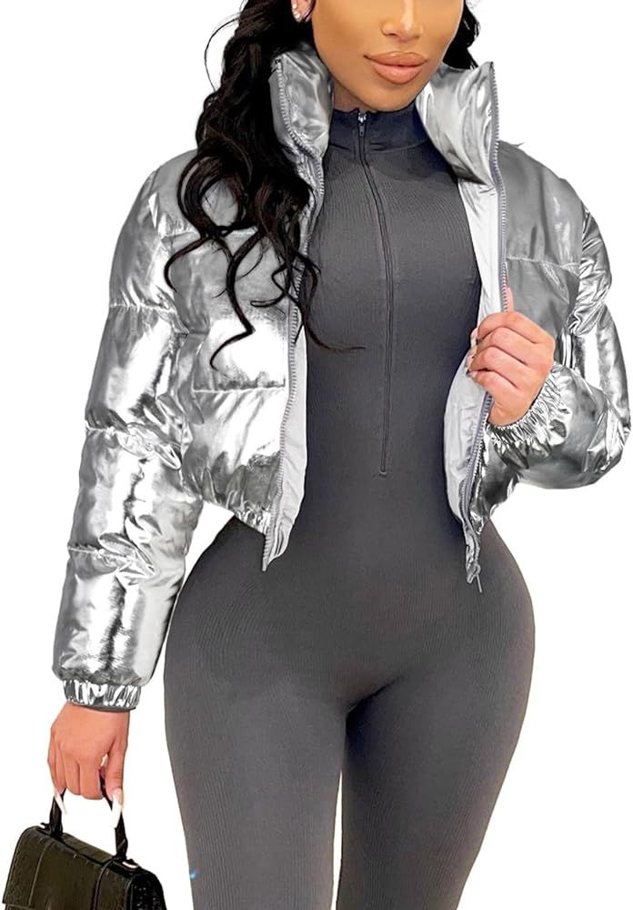 Flygo Women's Metallic Shiny Cropped Quilted Puffer Jacket - Zip Up Padded Down Coat Outerwear(Si... | Amazon (US)