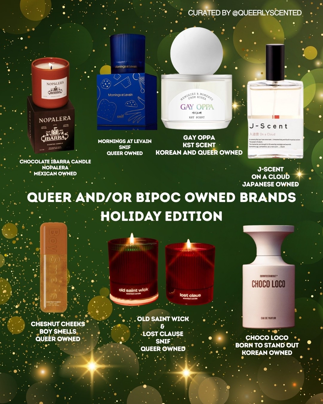 🔗Shop items in Bio 
When I saw the call out looking for BIPOC creators, businesses, and brands I knew I wanted to reach out! I curated several holiday collections for several brands that I love. 
I hope you get to check them out and it means the world to me if you shop my links on LTK. 

Thank you and happy holidays! 

Featured:
Chocolate Ibarra Candle by @Nopalera
Mornings at Levain, Old Saint Wick, and Lost Cause by @Snif
Gay Oppa by @KSTscent 
On a Cloud by @JScent 
Chestnut Cheeks by @boysmells 
Choco Loco by @borntostandout 

#holidays #giftgiving #blackowned #queerowned #womenowned 

#LTKSeasonal #LTKHoliday #LTKGiftGuide