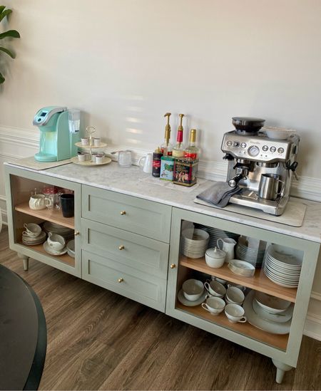 The perfect sage buffet side table. 😍 I can’t get over how beautiful it is, and I love making my morning brew here every day. Linked it for you here, along with my espresso maker and favorite cups. 

#LTKhome