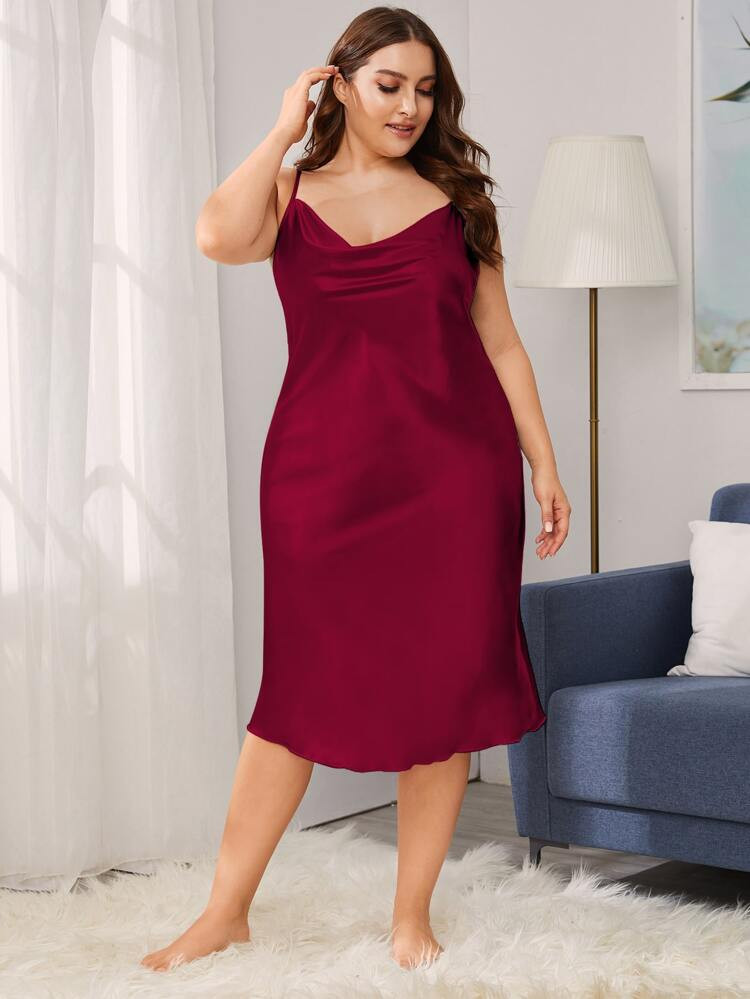 Plus Lettuce Trim Satin Cami Night Dress | SHEIN
