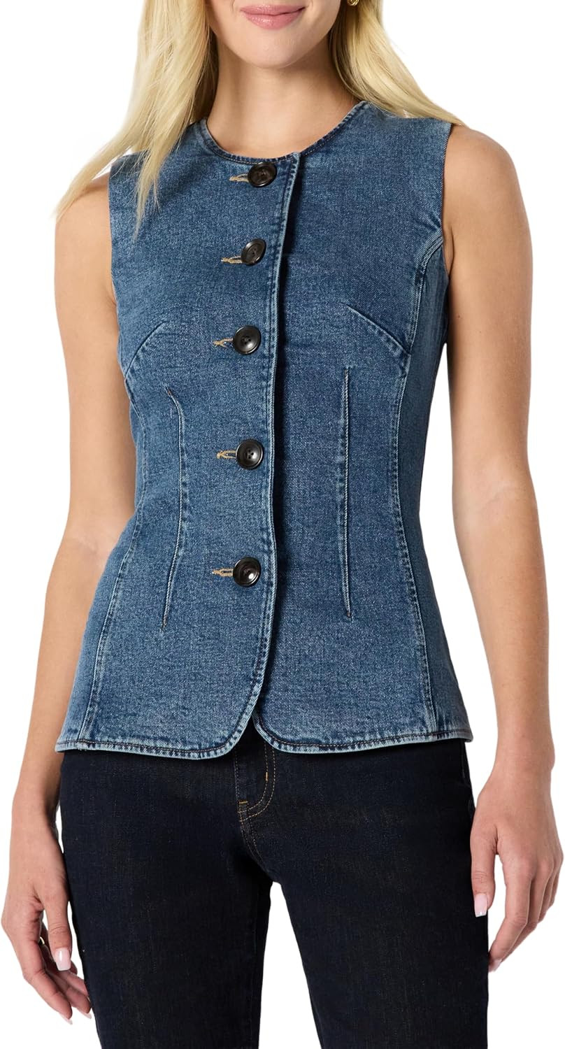 Amazon Essentials Women's Regular-Fit Button-Down Denim Vest, Round Neck, Vintage Inspired with Shank Buttons | Amazon (US)