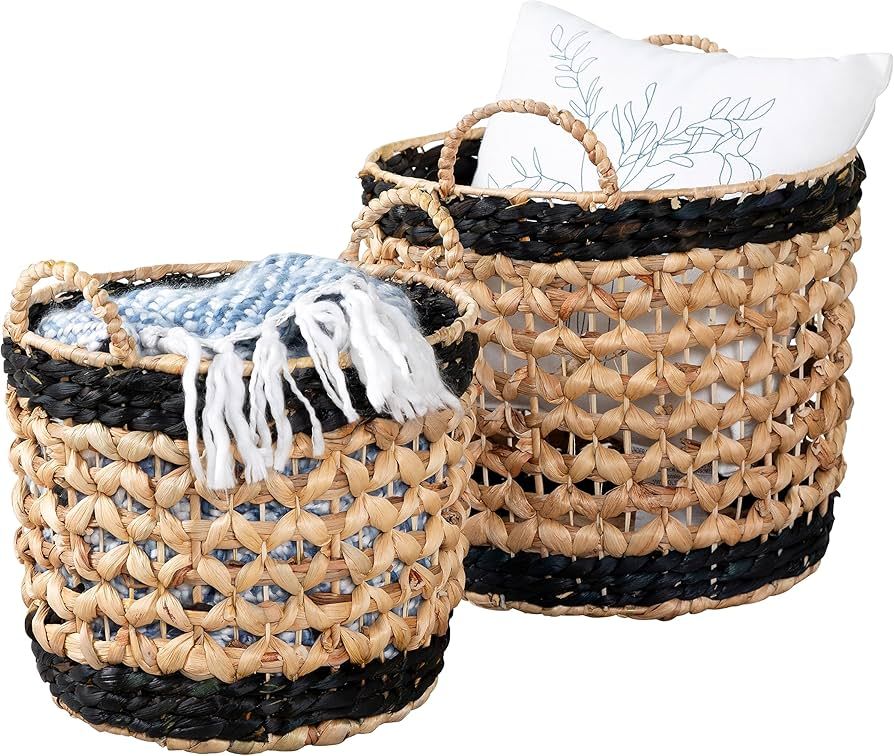 Honey-Can-Do Set of 2 Round Decorative Wicker Baskets with Handles, Natural/Black STO-09847 Natur... | Amazon (US)