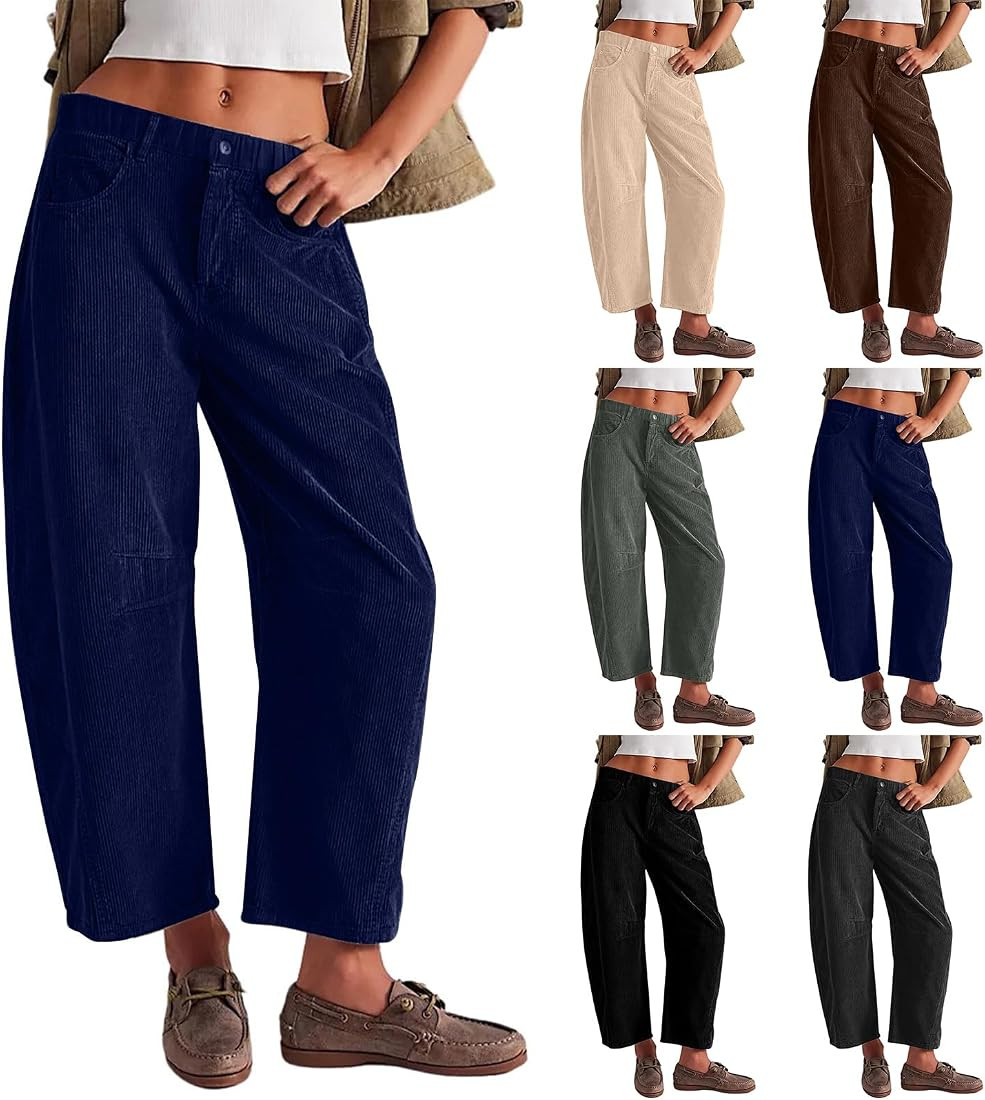 Wide Leg Corduroy Pants Women Mid Rise Cord Barrel Jeans Vintage Elastic Waist Pants Cropped Ankl... | Amazon (US)