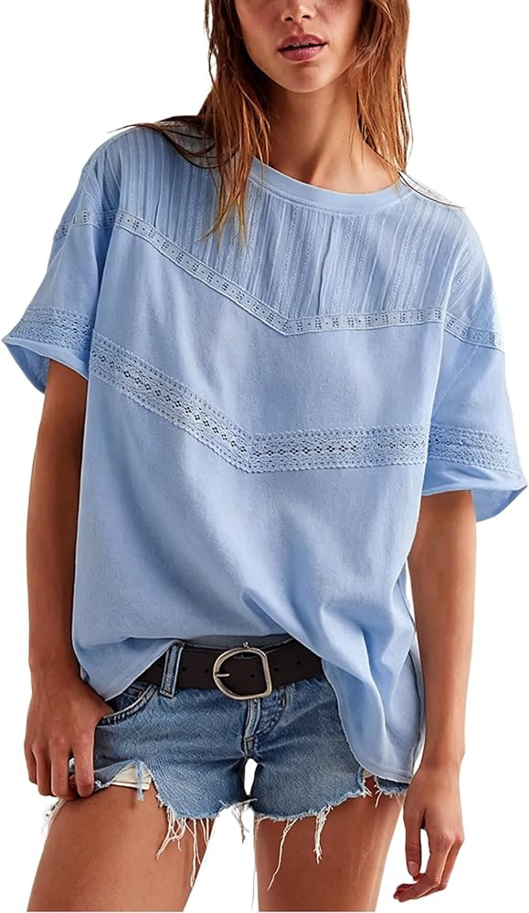 Yidarer Women Summer Oversized Lace Cotton Tops Crew Neck Short Sleeve Cute Shirts Casual Boho Cr... | Amazon (US)