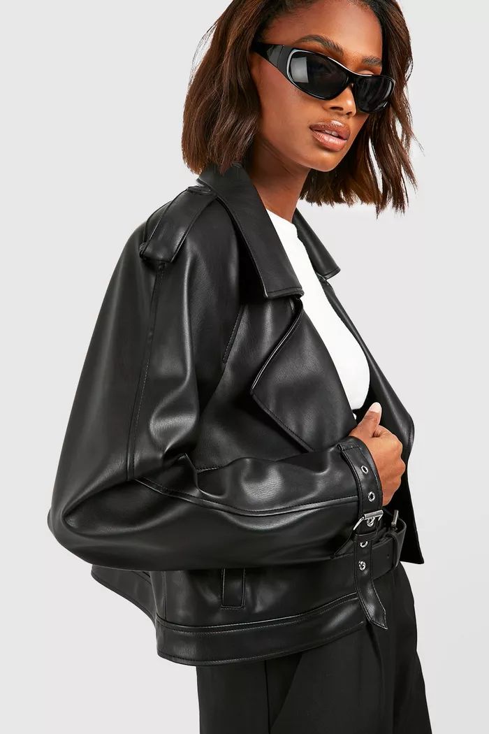 Shoulder Pad Cropped Faux Leather Trench Jacket | boohoo (US & Canada)