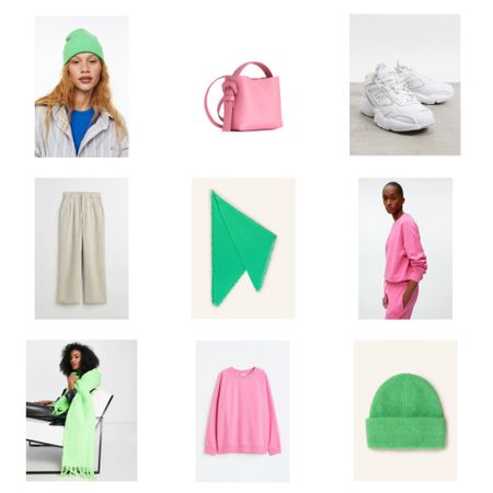 Neon Green Pink. Fashion and Style Blog Girl from Heartfelt Hunt. Girl with blonde hair wearing a neon green beanie, neon green scarf, white cat-eye sunglasses, camel coat, pink sweatshirt, pink Staud bag, corduroy pants and New Balance sneakers. #colorfuloutfit #colorfulstyle #colorfulfashion #colorfullooks #fashionfun #cutefalloutfit #fallfashion2022 #falllookbook #fitcheck #dailylooks #dailylookbook #contentcreator #microinfluencer #discoverunder20k
