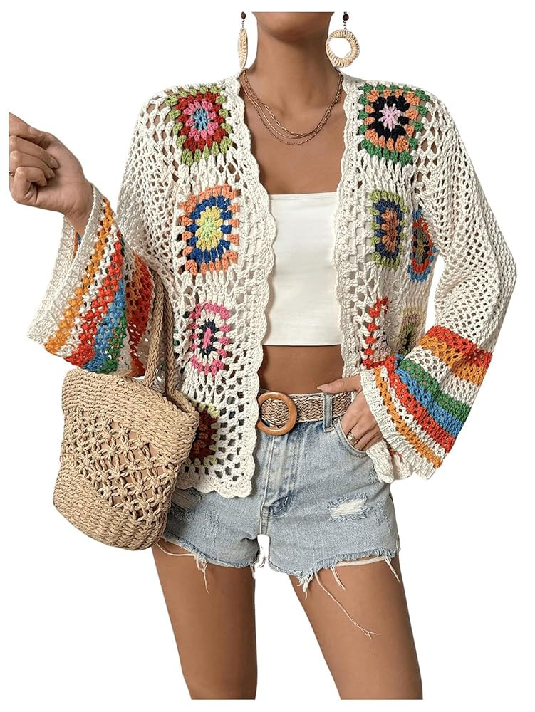 SHENHE Women's Floral Crochet Cardigan Hollow Out Open Front Long Sleeve Cardigan Sweater | Amazon (US)