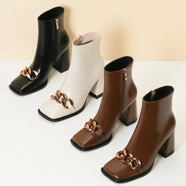 Botas femininas botas femininas outono e inverno dedo do pé quadrado corrente de salto alto torn... | Ali Express BR