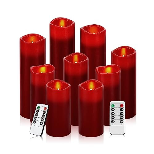 antizer Flameless Candles Led Candles Pack of 9 (H 4" 5" 6" 7" 8" 9" x D 2.2") Burgundy Real Wax Battery Candles with Remote Timer | Amazon (US)