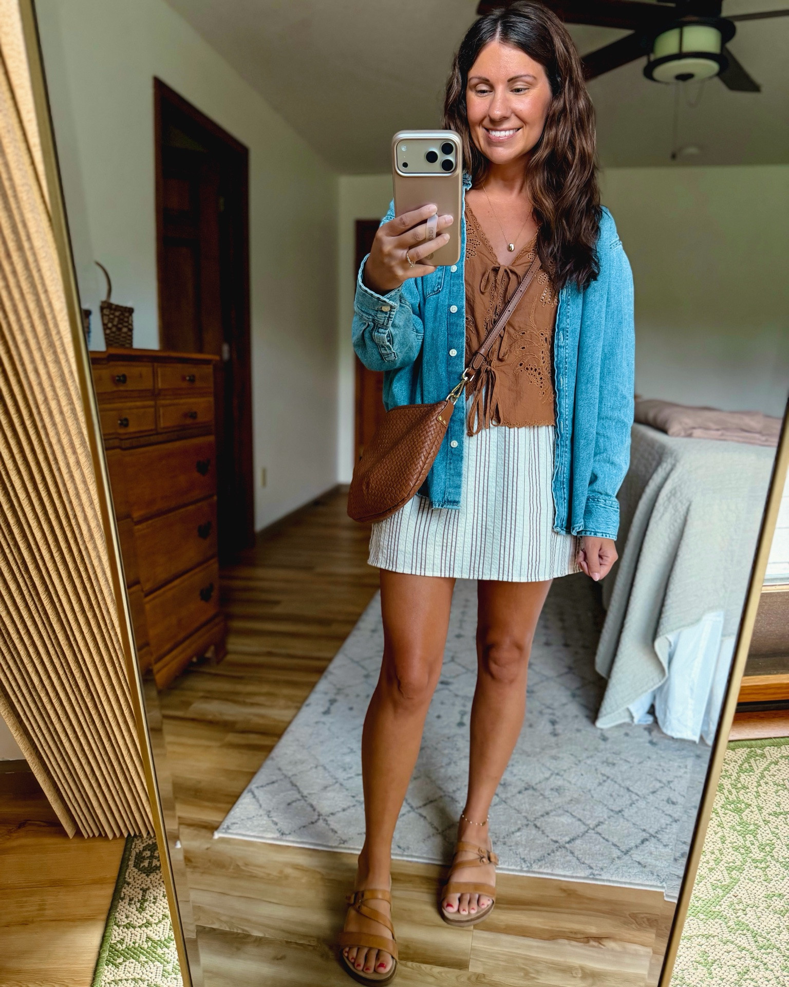 Small in my bra, small in my eyelet top (I also own in black and white) , xs in my skort, and xs in my denim shirt (also linked my fav quince one—less oversized). My sandals are size 6 and so comfy 🙌🏽

#LTKSeasonal #LTKOver40 #LTKMidsize