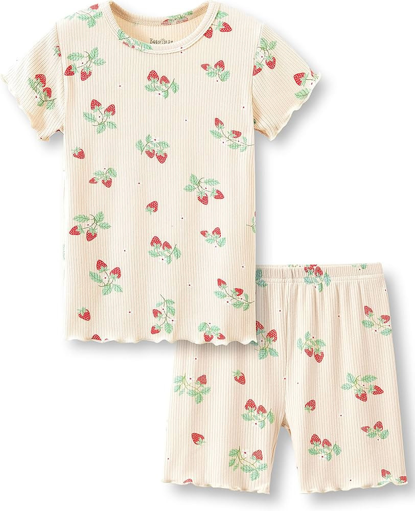 Beezizac Toddler & Little Girls Pajamas Ditsy Floral/Strawberry Tee & Pants PJ Set Size 2T- 10 | Amazon (US)