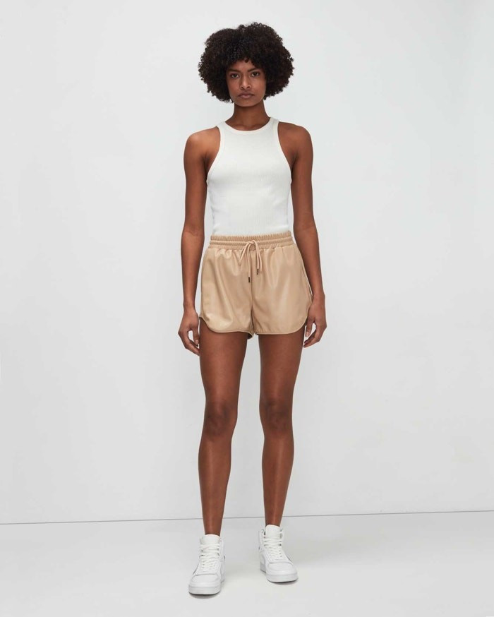 Vegan Faux Leather Side Slit Shorts In Light Khaki | 7 For All Mankind