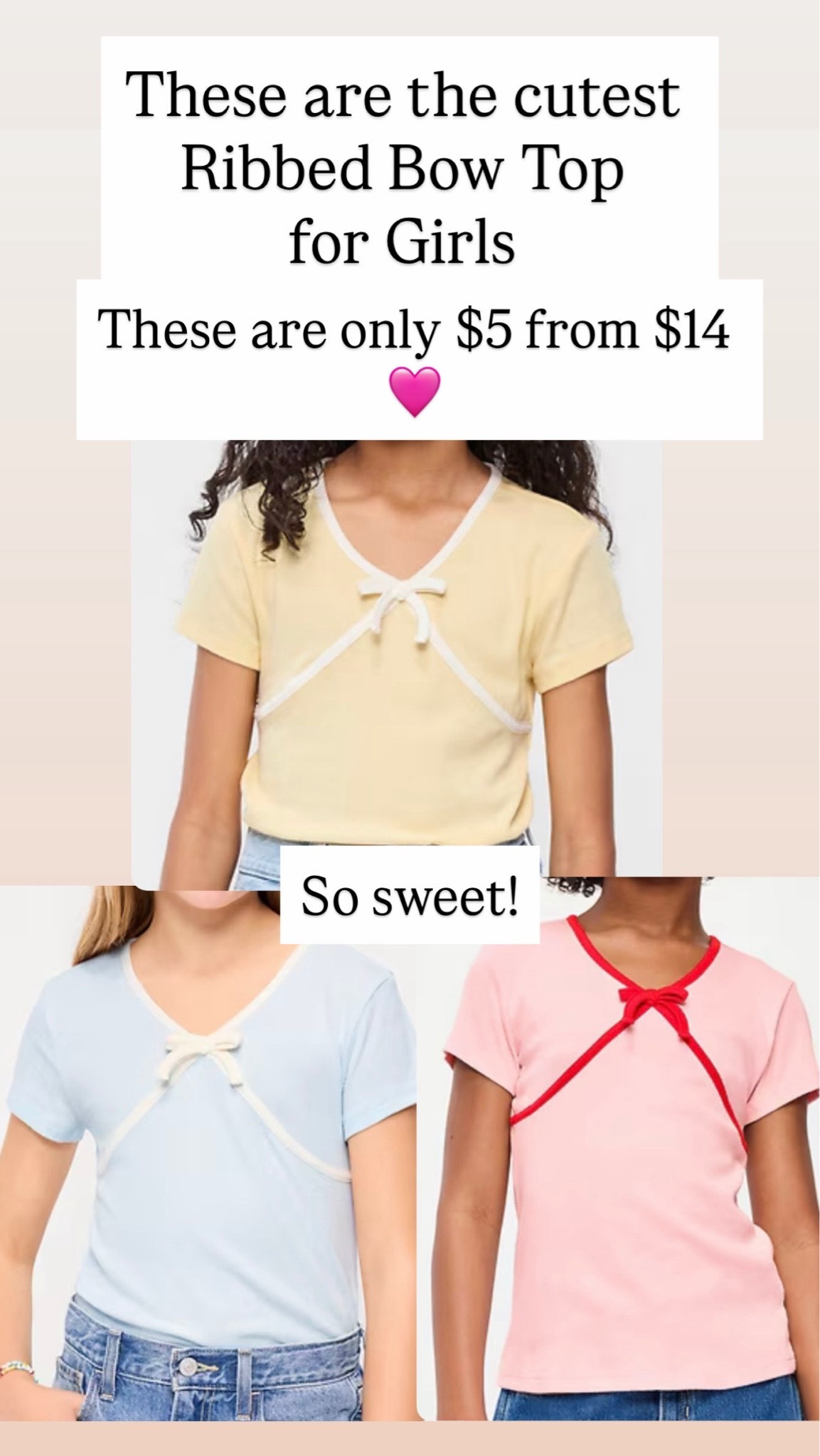 Short-Sleeve Ribbed Bow Top for Girls